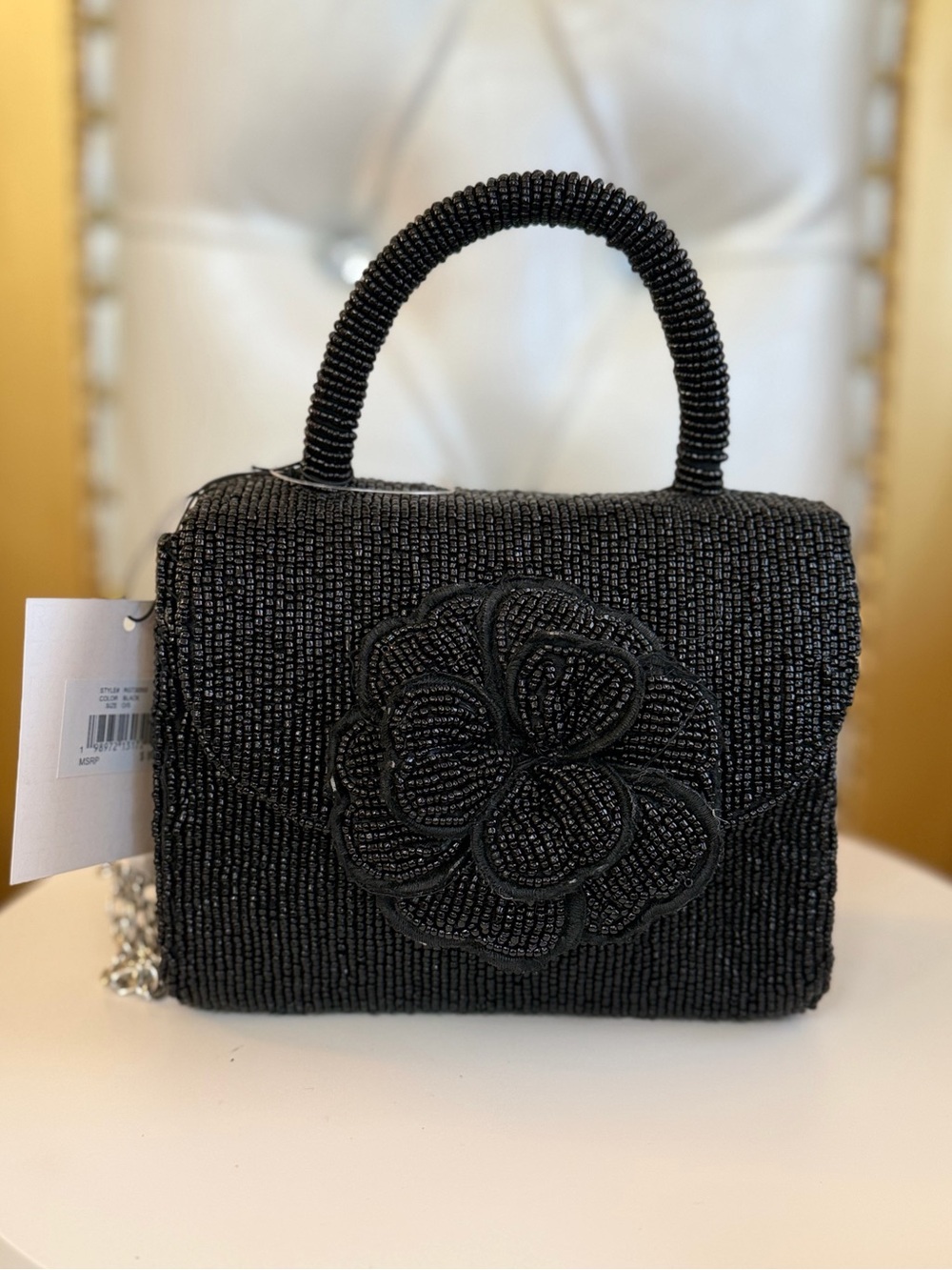 Rachel Zoe Black Beaded Floral Top-Handle Mini Bag